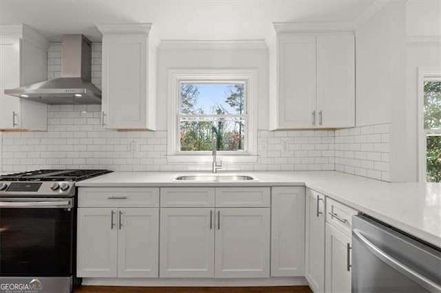 kitchen featuring appliances with stainless steel finishes, white cabinetry, sink, crown molding, and wall chimney range hood