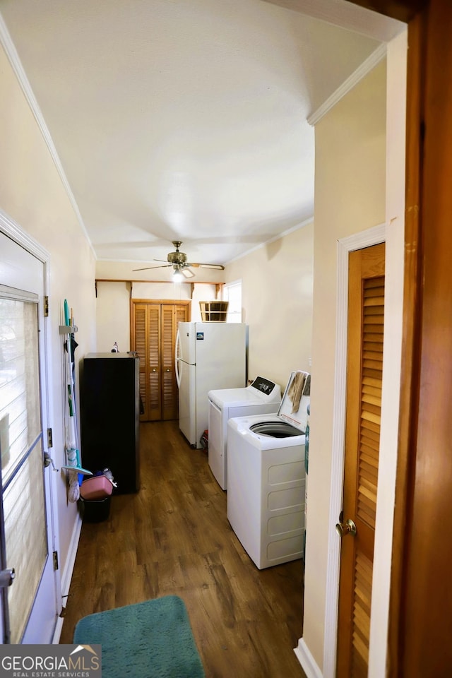 clothes washing area featuring ornamental molding, separate washer and dryer, ceiling fan, and dark hardwood / wood-style flooring