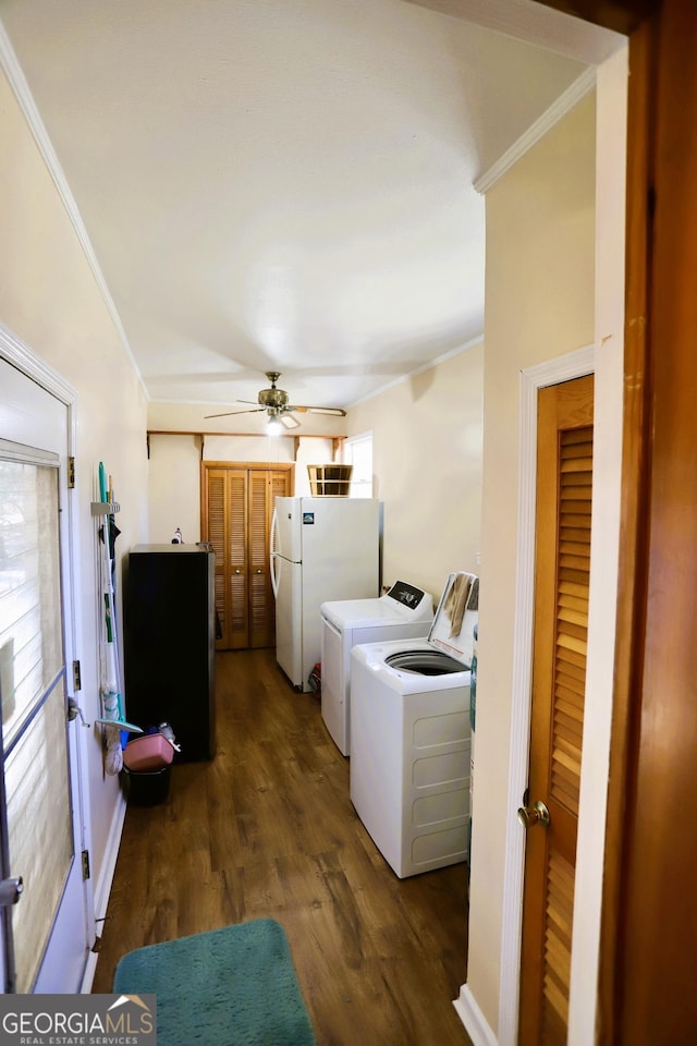 427 Oak Hill Dr, Trion, GA 30753 - laundry area featuring ornamental molding, washing machine and dryer, dark wood-style flooring, and ceiling fan
