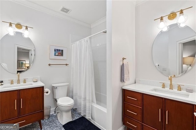 full bathroom featuring crown molding, shower / tub combo, vanity, tile patterned floors, and toilet