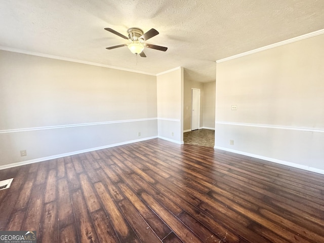 unfurnished room featuring ceiling fan, crown molding, dark wood-type flooring, and a textured ceiling