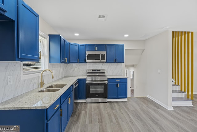 kitchen with tasteful backsplash, light wood-type flooring, light stone counters, appliances with stainless steel finishes, and a sink