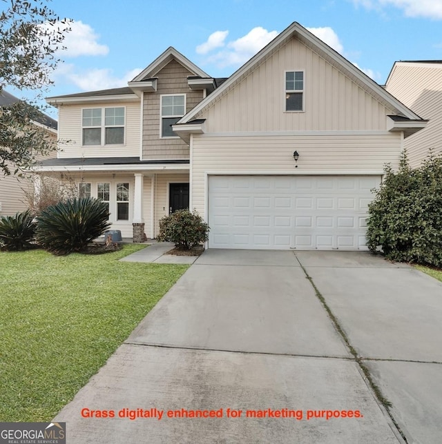 view of front facade featuring a garage and a front lawn