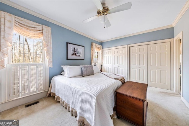 bedroom featuring multiple closets, ceiling fan, crown molding, and carpet