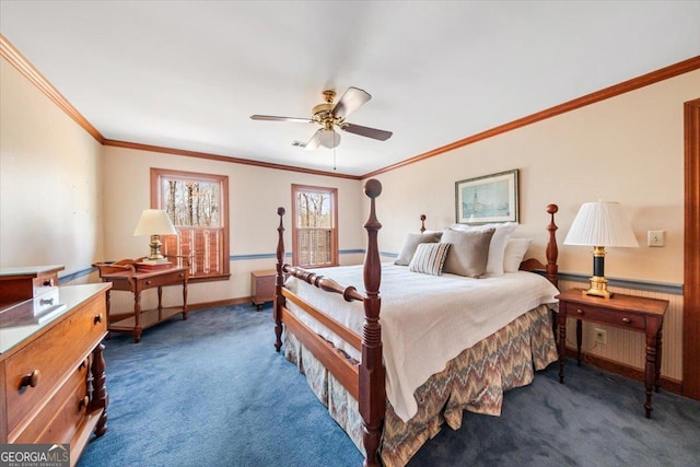 carpeted bedroom with crown molding and ceiling fan