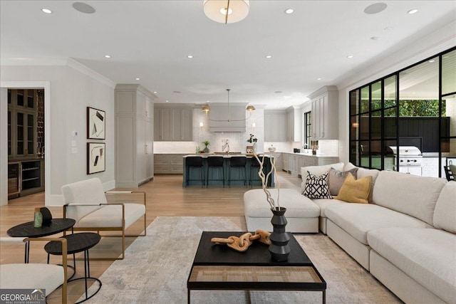 living room featuring ornamental molding and light wood-type flooring