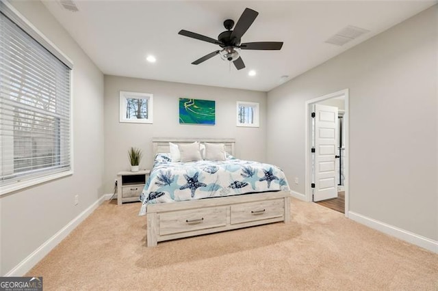 bedroom featuring carpet, baseboards, and recessed lighting