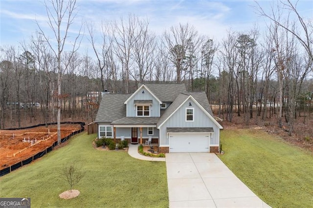 view of front of house with driveway, a garage, covered porch, a front lawn, and board and batten siding