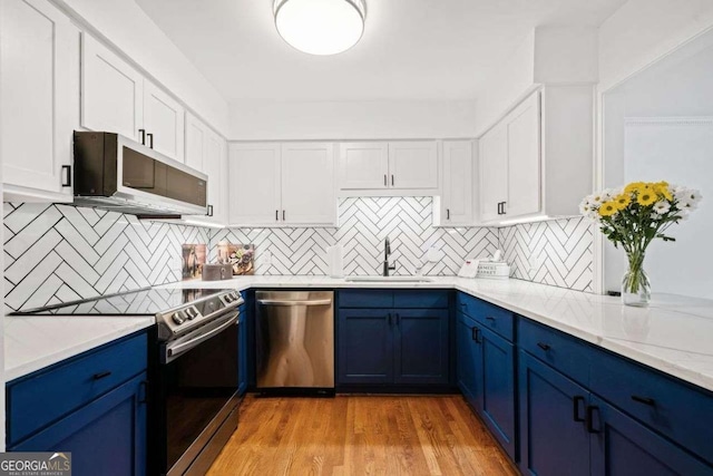 kitchen with sink, stainless steel appliances, and blue cabinets