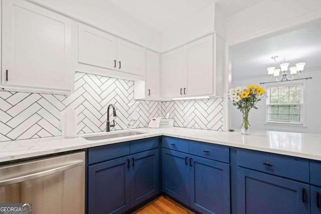 kitchen with white cabinetry, dishwasher, sink, backsplash, and blue cabinetry