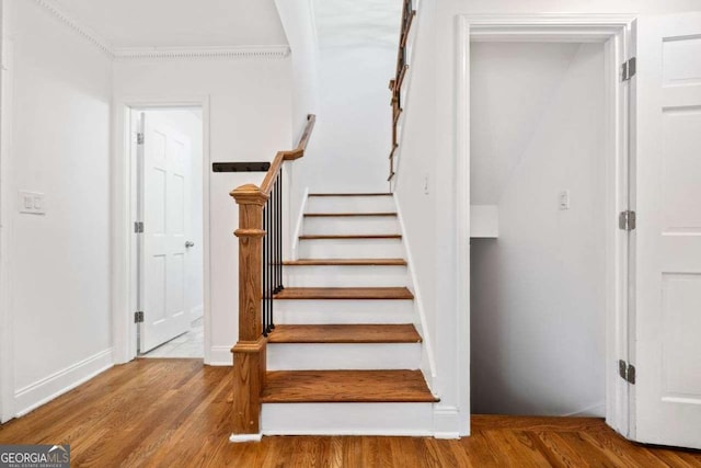 stairway featuring hardwood / wood-style flooring