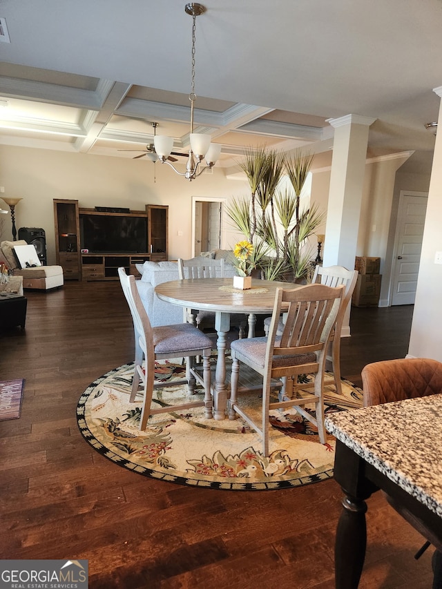 dining room featuring a notable chandelier, beamed ceiling, dark wood-type flooring, and coffered ceiling