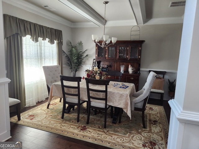 dining area with beamed ceiling, dark wood-type flooring, a notable chandelier, and ornamental molding