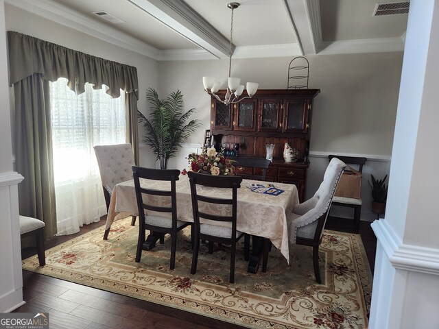 128 Lavender Way Lot 75, Mcdonough, GA 30252 - dining room featuring a chandelier, beam ceiling, crown molding, and wood finished floors