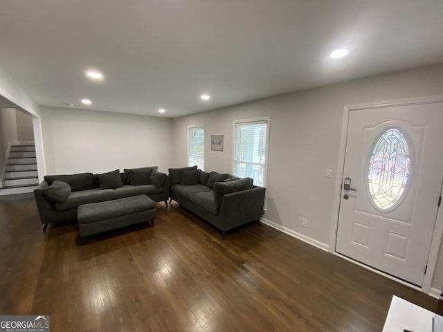 living room with dark hardwood / wood-style flooring