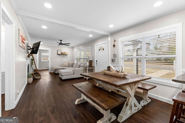 dining space featuring crown molding, ceiling fan, and dark hardwood / wood-style flooring