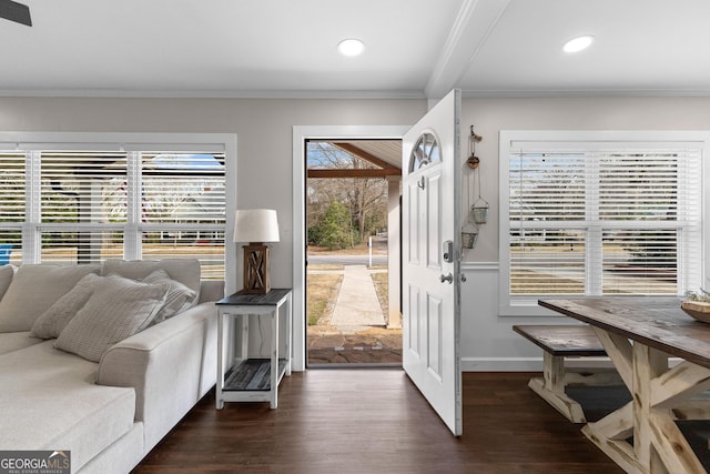 foyer entrance with crown molding and dark hardwood / wood-style floors