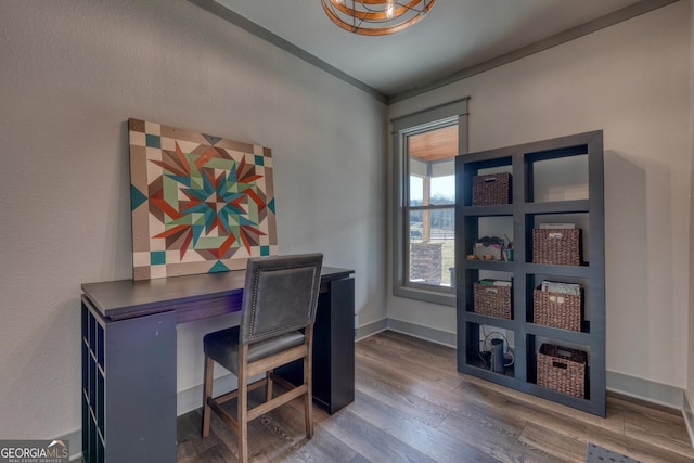 home office with dark wood-type flooring