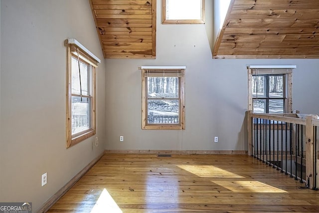 bonus room featuring high vaulted ceiling, wooden ceiling, and light wood-type flooring