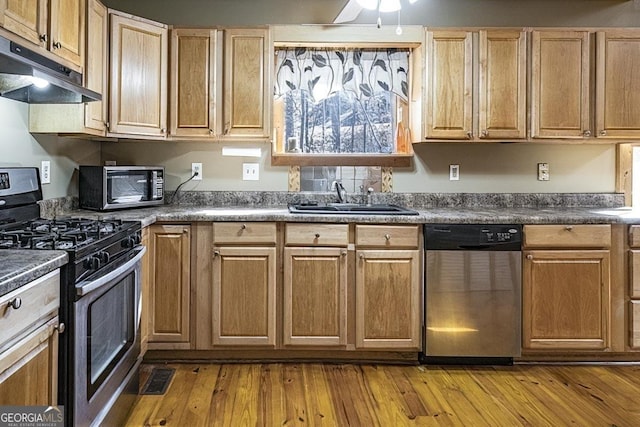 kitchen with ceiling fan, stainless steel appliances, sink, and light wood-type flooring