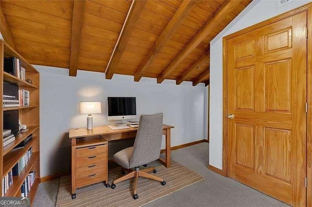 office featuring light colored carpet, lofted ceiling with beams, and wooden ceiling