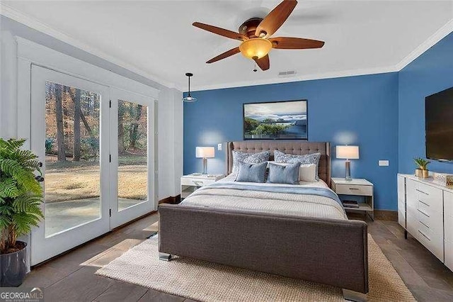 bedroom featuring crown molding, access to outside, and ceiling fan