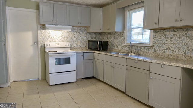 kitchen with tasteful backsplash, white electric range, range hood, and sink