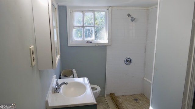 bathroom featuring tiled shower, vanity, and toilet