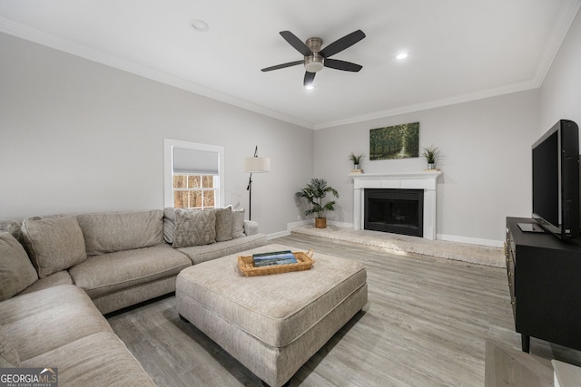 living room featuring ceiling fan, ornamental molding, and light wood-type flooring