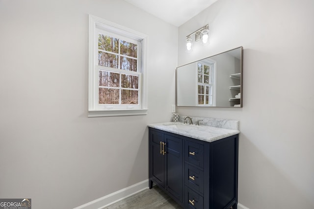 bathroom with vanity and wood-type flooring