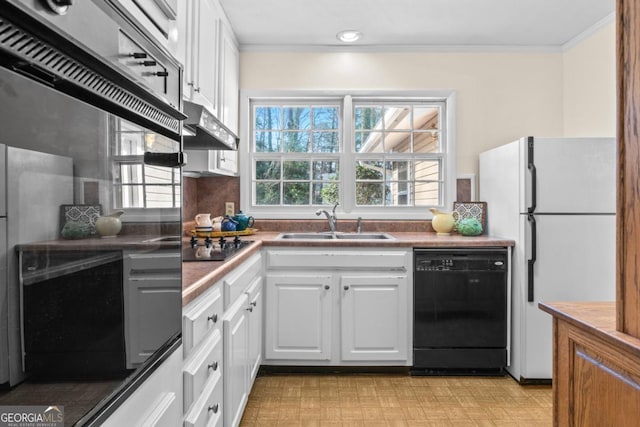 kitchen featuring crown molding, sink, white cabinets, and black appliances