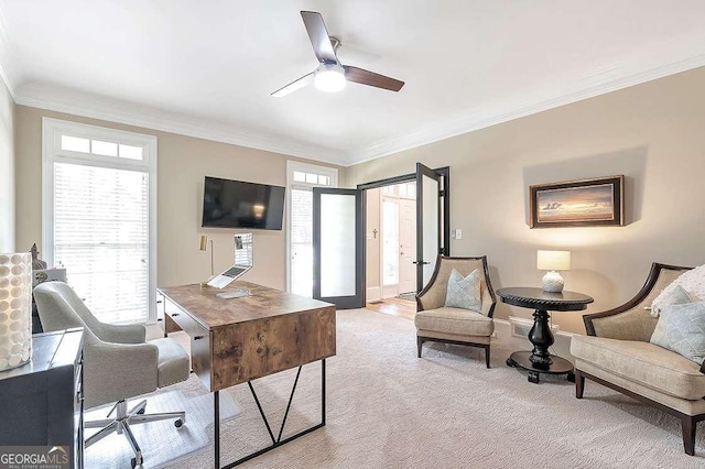 office area featuring ceiling fan, ornamental molding, and light carpet