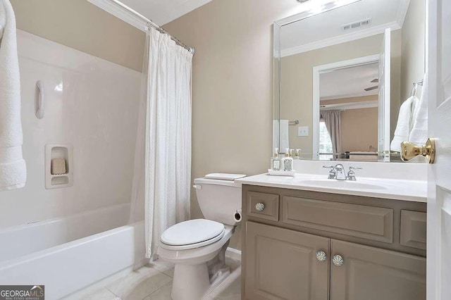 full bathroom featuring tile patterned floors, toilet, ornamental molding, shower / bathtub combination with curtain, and vanity