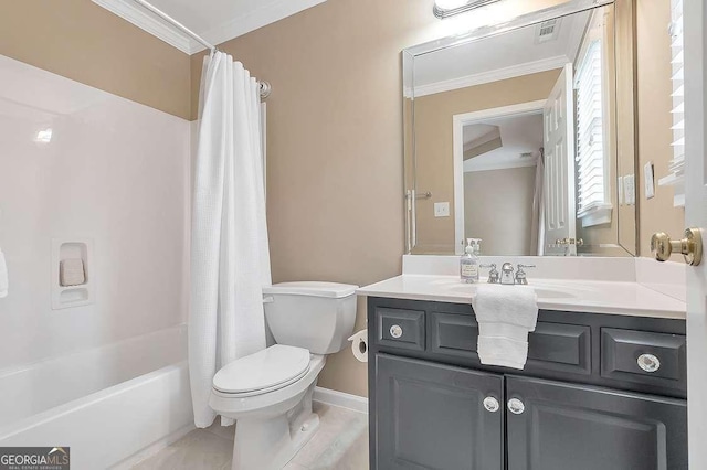 full bath with visible vents, toilet, ornamental molding, shower / bathtub combination with curtain, and vanity