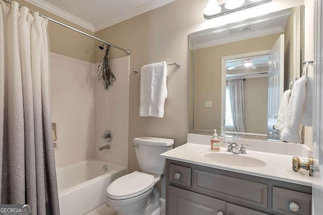 full bathroom featuring vanity, crown molding, toilet, and shower / bath combo