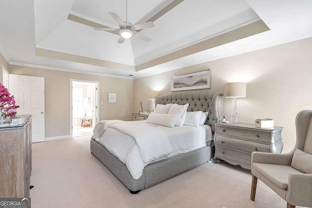 carpeted bedroom with crown molding, ceiling fan, and a raised ceiling