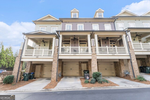 multi unit property with ceiling fan, a garage, and a balcony