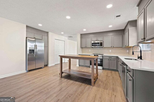 kitchen featuring sink, gray cabinetry, tasteful backsplash, appliances with stainless steel finishes, and light hardwood / wood-style floors