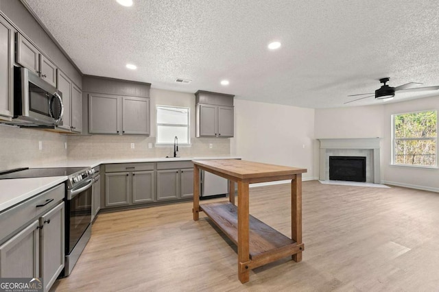 kitchen featuring sink, appliances with stainless steel finishes, gray cabinets, light hardwood / wood-style floors, and decorative backsplash