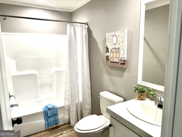 full bathroom featuring shower / bath combination with curtain, vanity, toilet, and hardwood / wood-style floors