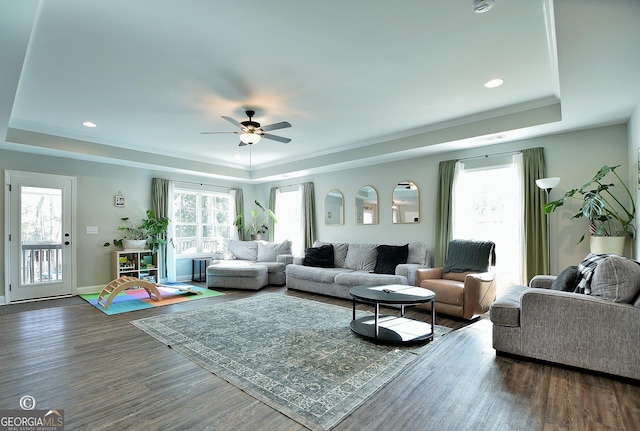 living room with a tray ceiling, dark wood-type flooring, ornamental molding, and ceiling fan