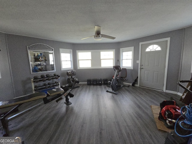 workout area featuring ceiling fan, dark wood-type flooring, and a textured ceiling