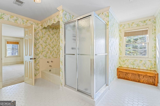 bathroom with crown molding, tile patterned floors, and independent shower and bath