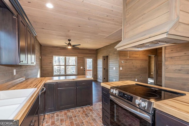 kitchen featuring stainless steel appliances, butcher block counters, sink, and dark brown cabinetry