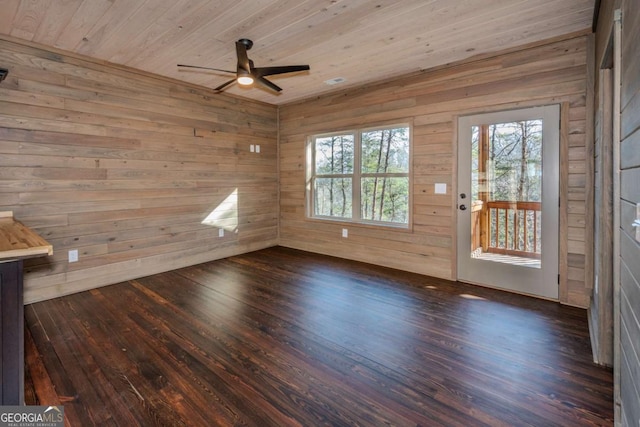 interior space with wood walls, a healthy amount of sunlight, dark hardwood / wood-style floors, and wooden ceiling