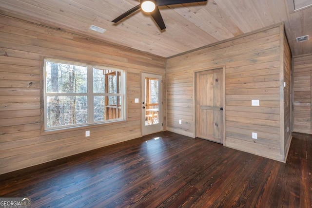 spare room featuring ceiling fan, dark wood-type flooring, wood ceiling, and wood walls