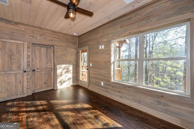 interior space featuring dark hardwood / wood-style flooring, wooden walls, wooden ceiling, and ceiling fan