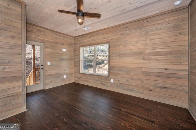 unfurnished room with dark wood-type flooring, ceiling fan, wood walls, and wooden ceiling