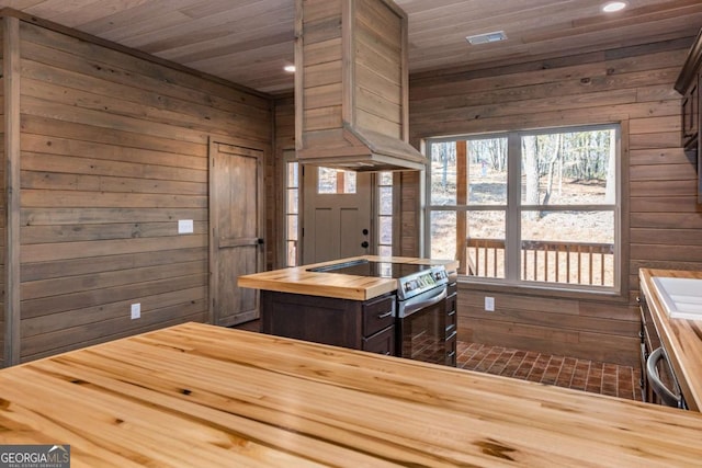 interior space with wood walls, wood ceiling, wooden counters, and stainless steel electric range oven