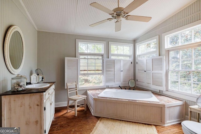 bathroom featuring lofted ceiling, toilet, wood-type flooring, vanity, and a bathing tub